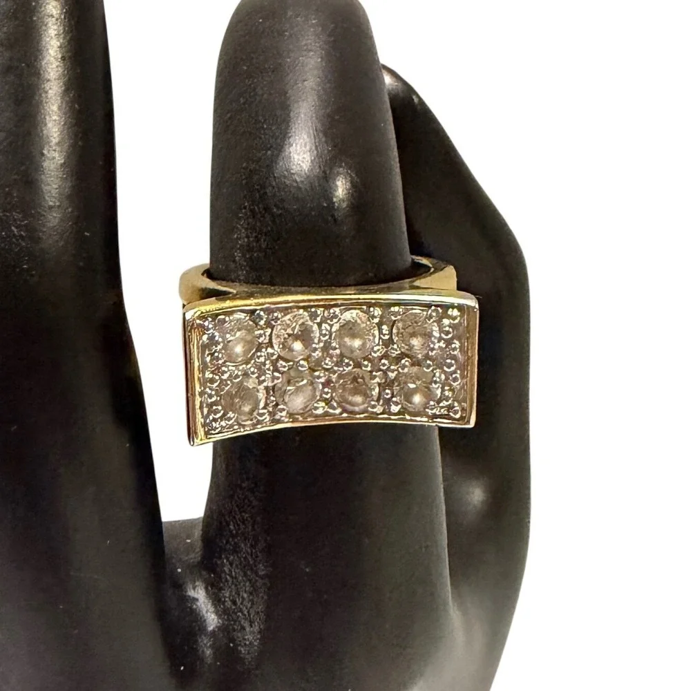Thailand Mens Gold Tone Rectangle Signet‎ Ring Cz Stones Accents Size 6